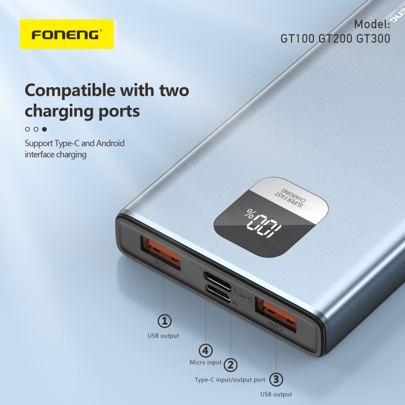 Foneng (GT100) 10000mah 22.5w with 3 outputs Power Bank - Metal Grey